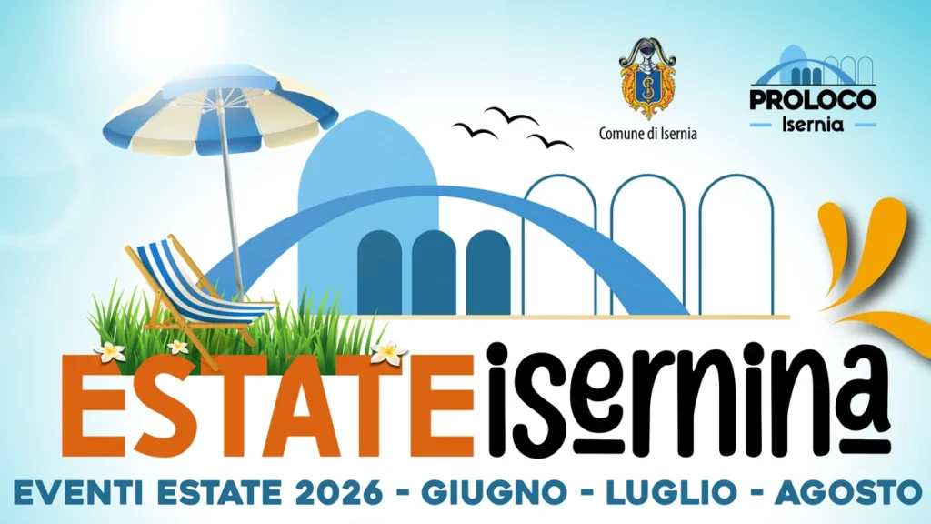 Locandina ufficiale di Estate Isernina 2026, il programma di eventi estivi di Isernia con i loghi di Comune di Isernia e Pro Loco Isernia