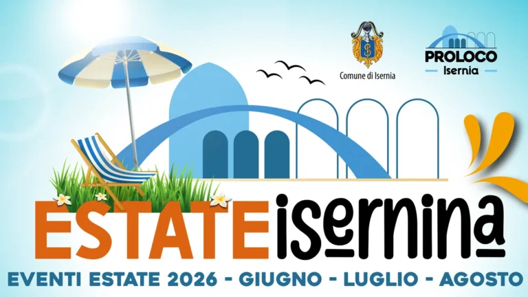 Locandina ufficiale di Estate Isernina 2026, il programma di eventi estivi di Isernia con i loghi di Comune di Isernia e Pro Loco Isernia