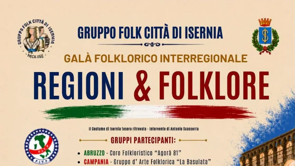 Locandina ufficiale del Galà Folklorico Interregionale "Regioni & Folklore", 1 agosto 2026, Piazza Andrea D'Isernia — Gruppo Folk Città di Isernia