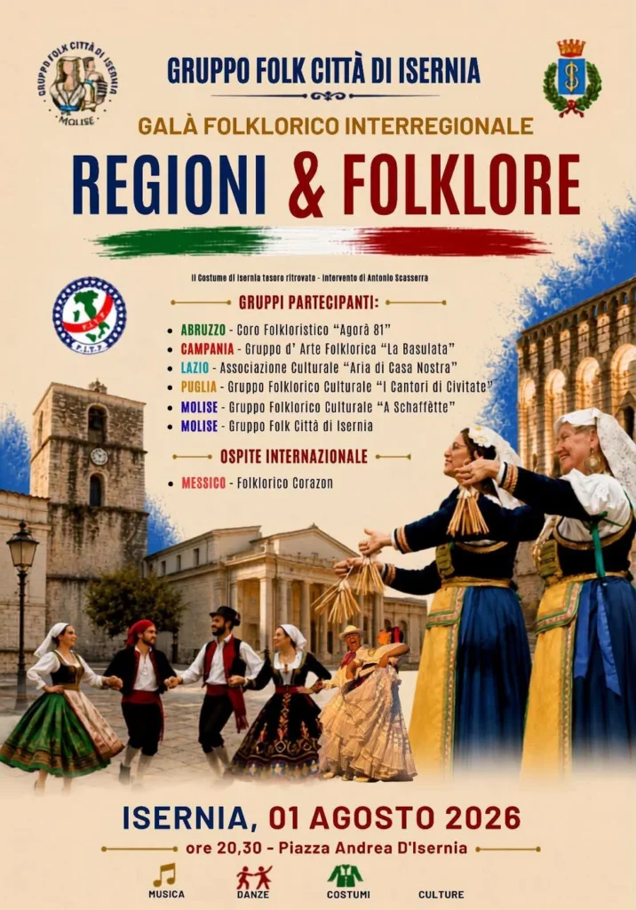 Locandina completa del Galà Folklorico Interregionale "Regioni & Folklore", 1 agosto 2026, ore 20:30, Piazza Andrea D'Isernia — Gruppo Folk Città di Isernia