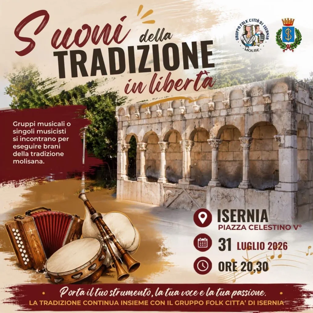 Locandina completa di "Suoni della Tradizione – In Libertà", 31 luglio 2026, ore 20:30, Piazza Celestino V, Isernia — Gruppo Folk Città di Isernia