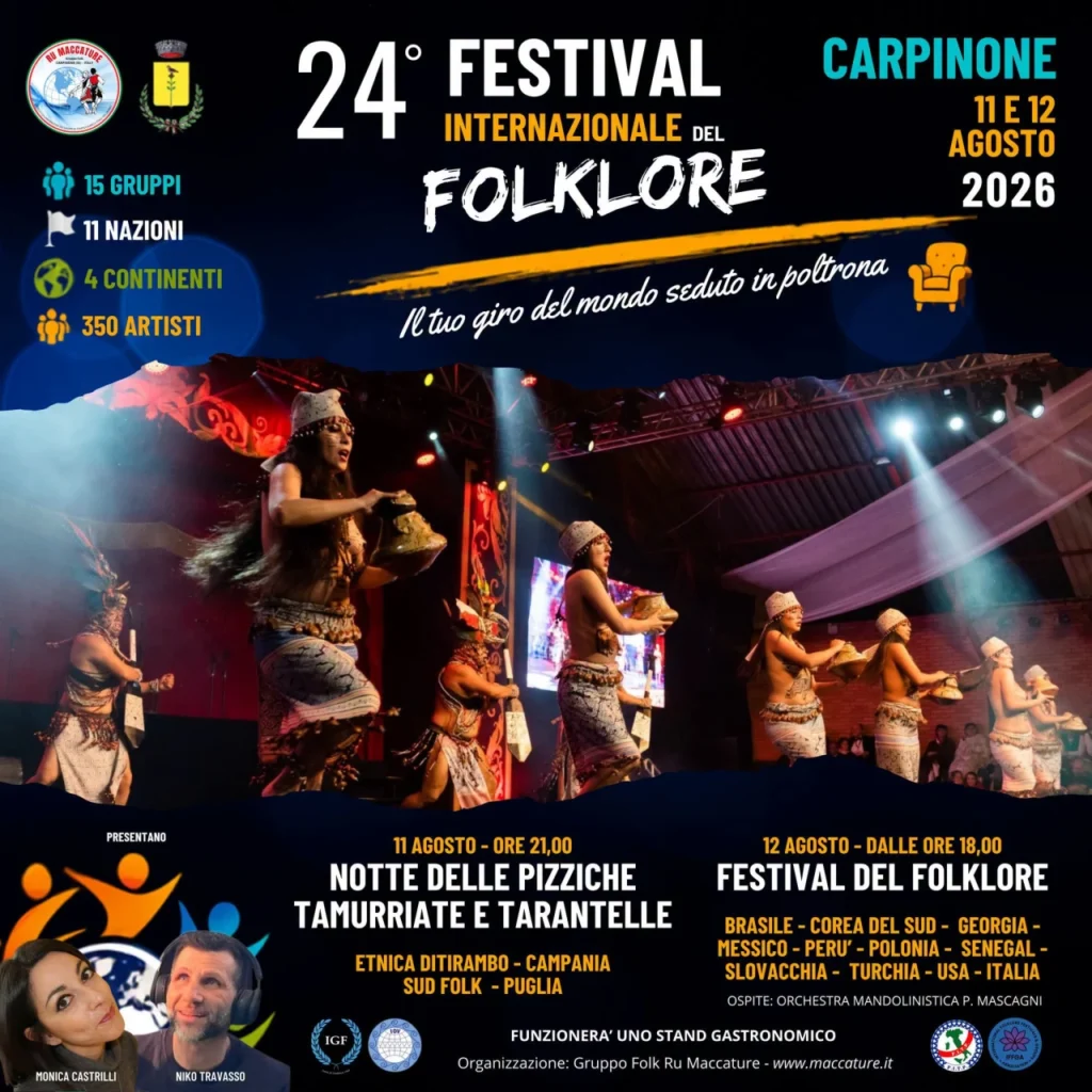 Locandina completa 24° Festival Internazionale del Folklore di Carpinone 2026, programma 11 e 12 agosto