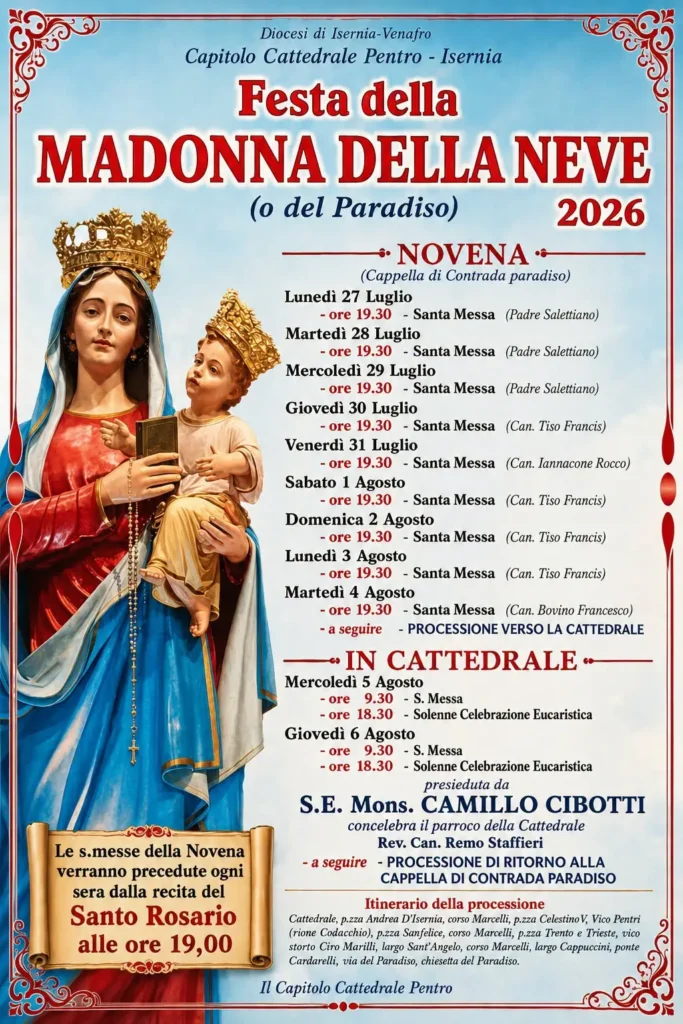 Locandina completa della Festa della Madonna della Neve 2026 a Isernia, con programma di novena e giorni in Cattedrale
