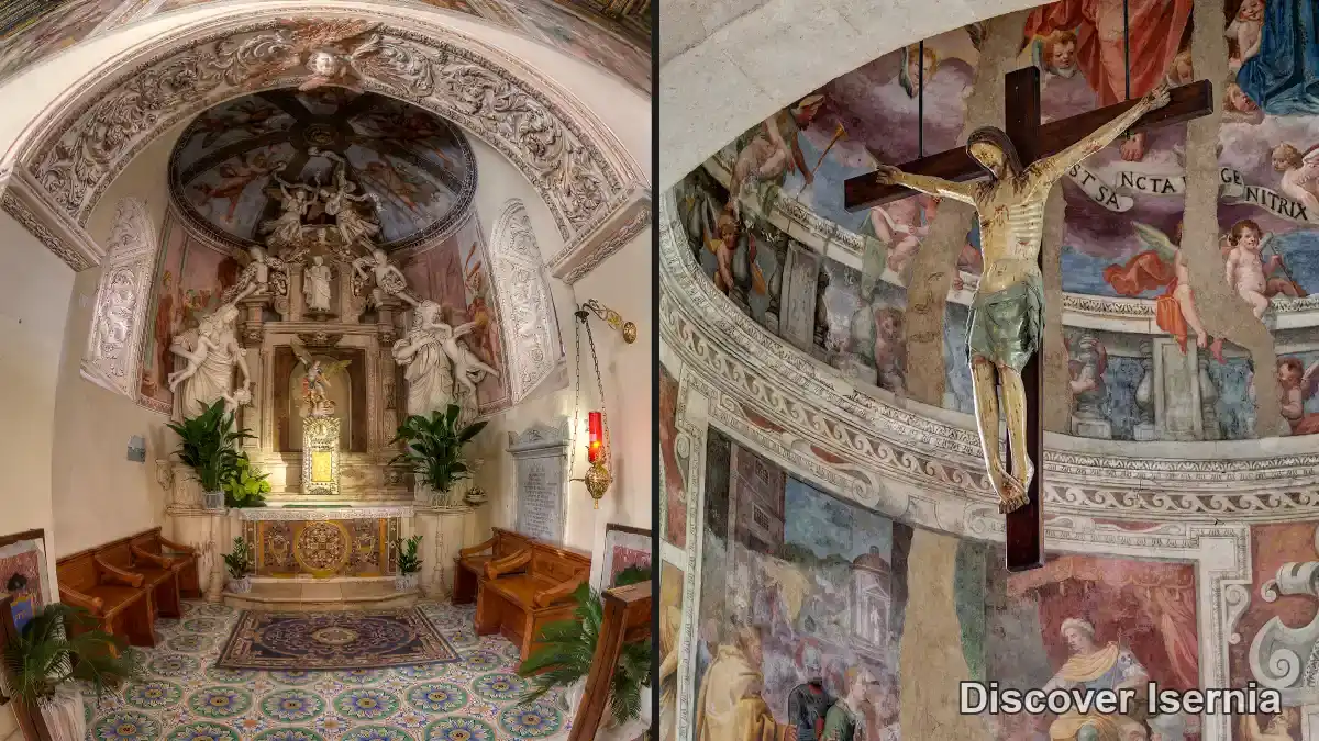 Cappella laterale con statue e crocifisso ligneo nell'abside affrescata del Santuario dei Santi Cosma e Damiano a Isernia