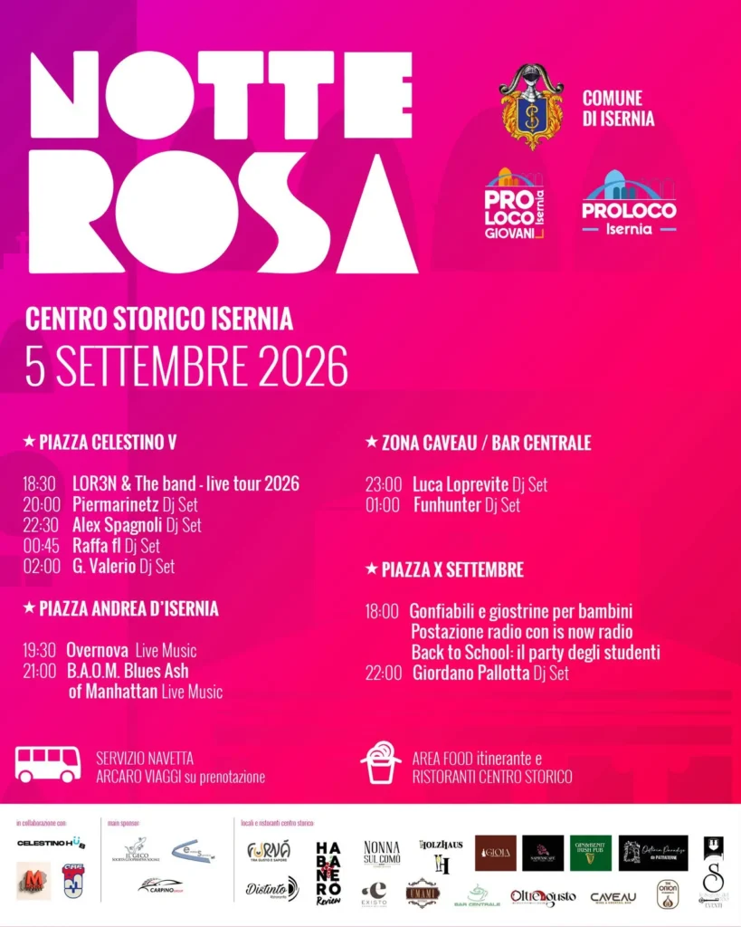 Programma della Notte Rosa nel centro storico di Isernia, 5 settembre 2026